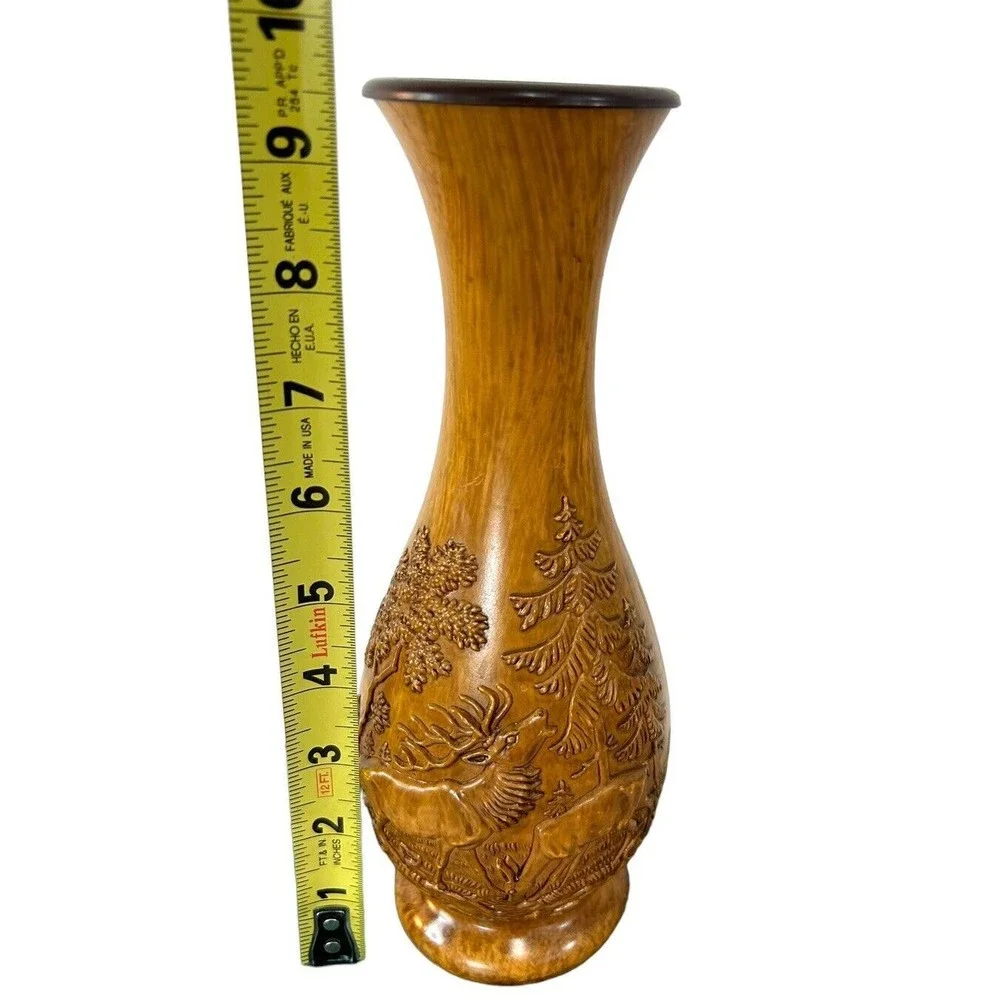 Vtg Wood Look West Germany Elk Stag Deer Bud Vase Forest Scene In Relief Nature
